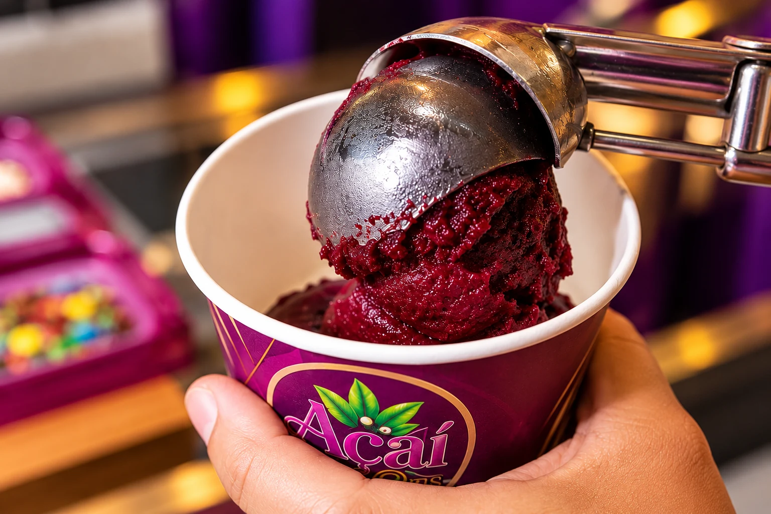 Açaí sendo servido com concha em copo da marca